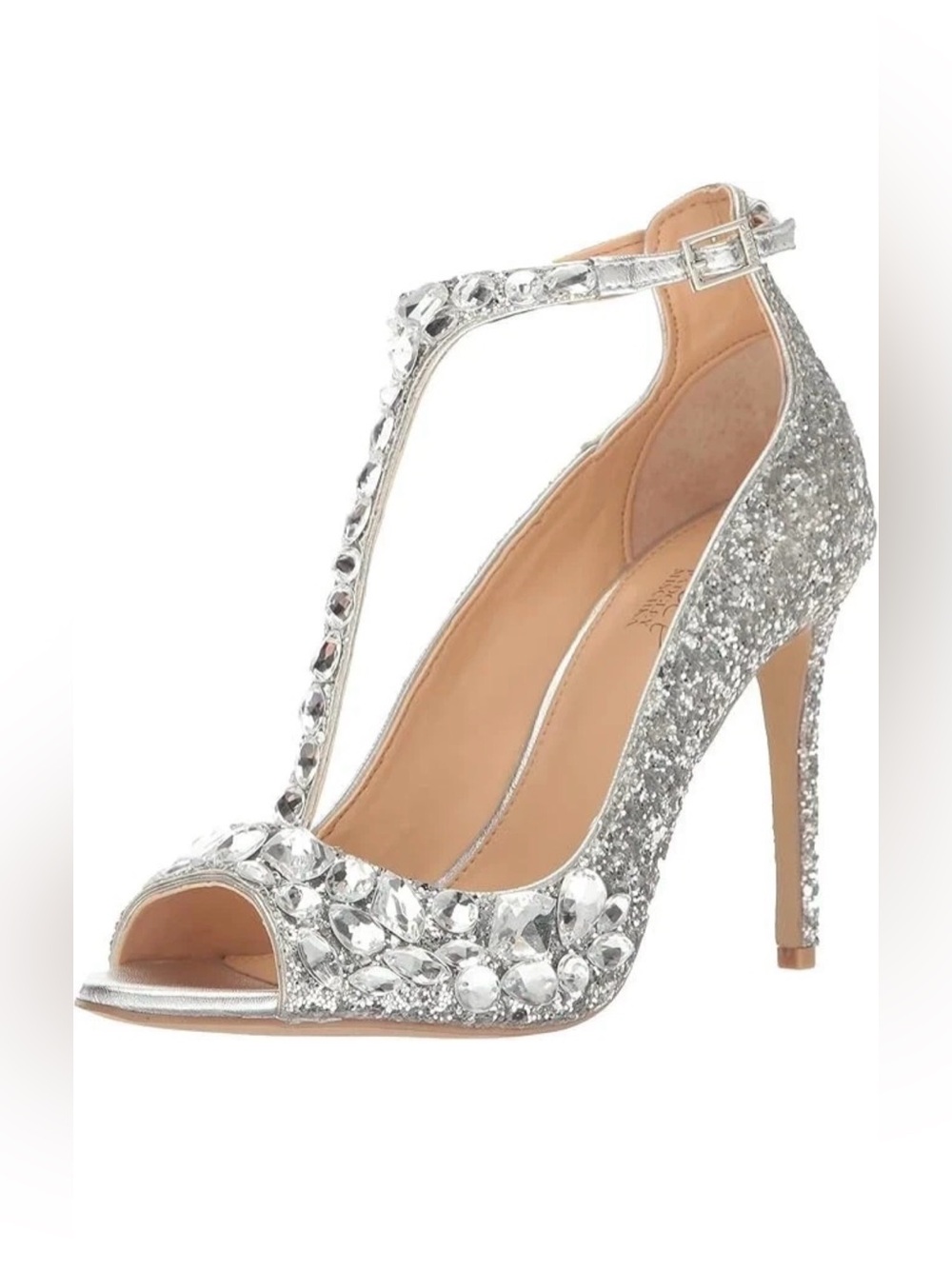 Jewel Badgley Mischka Conroy Glitter Silver T-Strap Heels Size 9